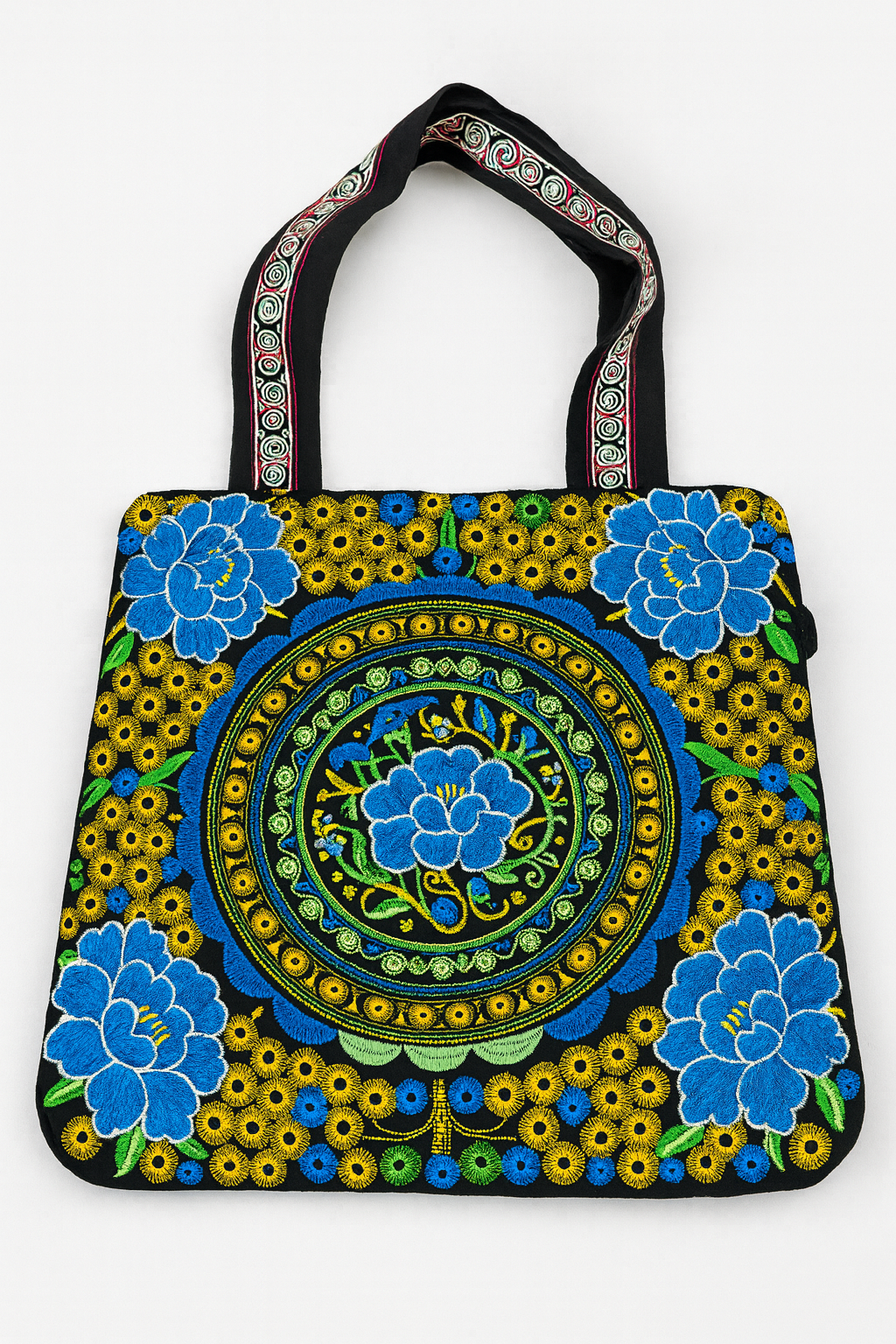 Embroidered Boho Floral Mandala Tote Bag-Blue Peony and Gold Accents