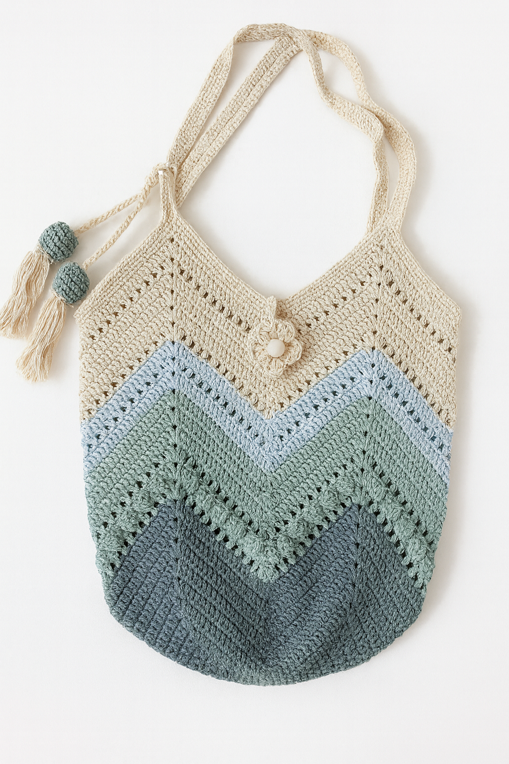 Handmade Crochet Chevron Tote Bag-Sage and Seafoam Boho Shoulder Bag