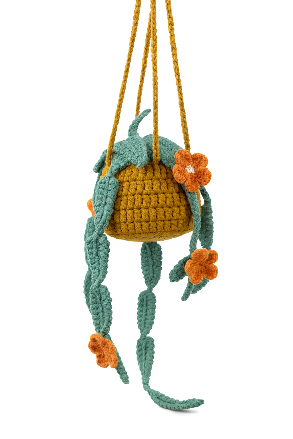 Crochet Hanging Vine Planter-Gold Pot with Teal Leaves and Orange Blooms