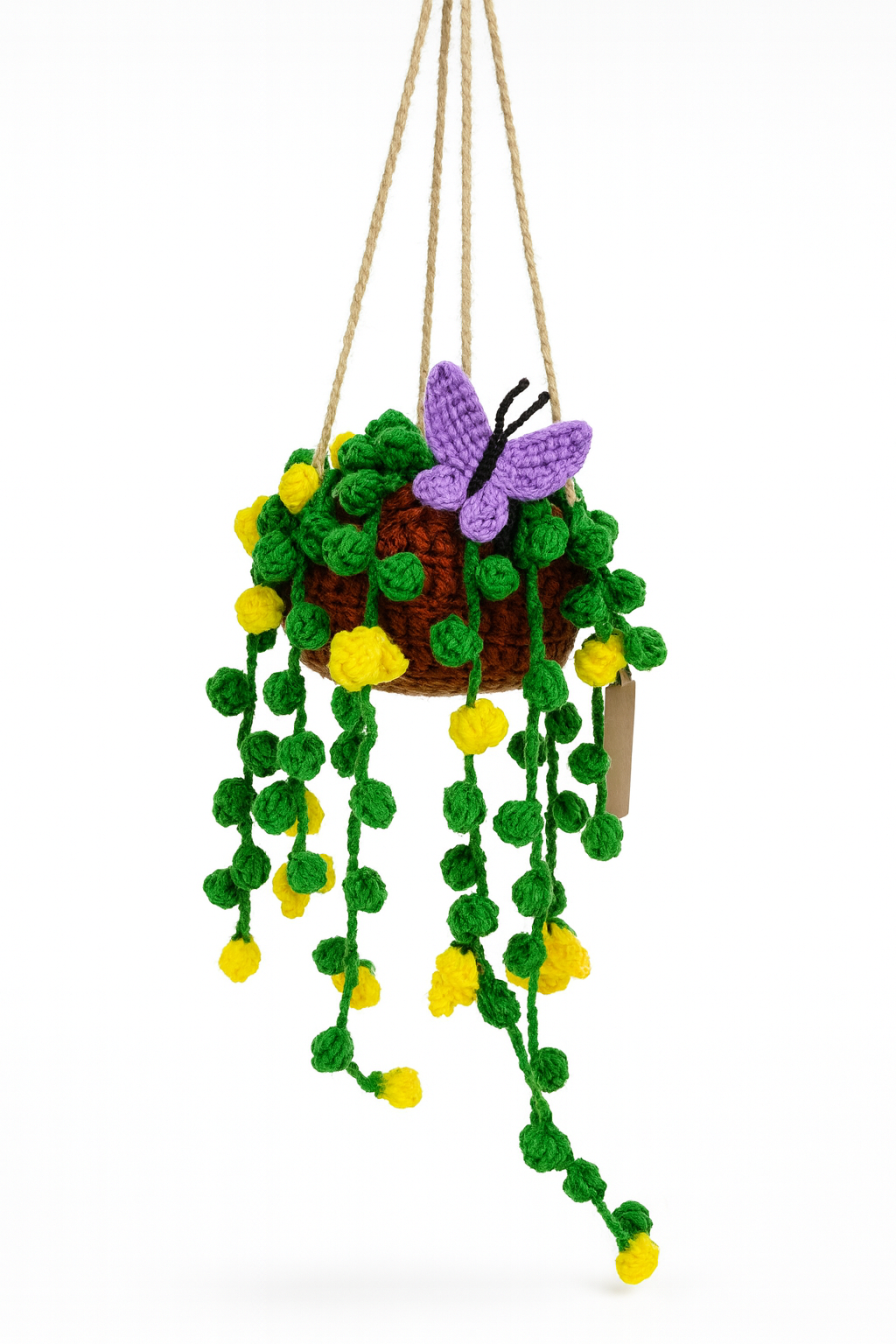 Crochet Hanging Planter with Yellow Buds and Purple Butterfly