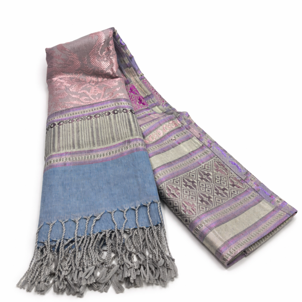 Handwoven Thai Silk Scarf-Soft Rose, Silver and Blue