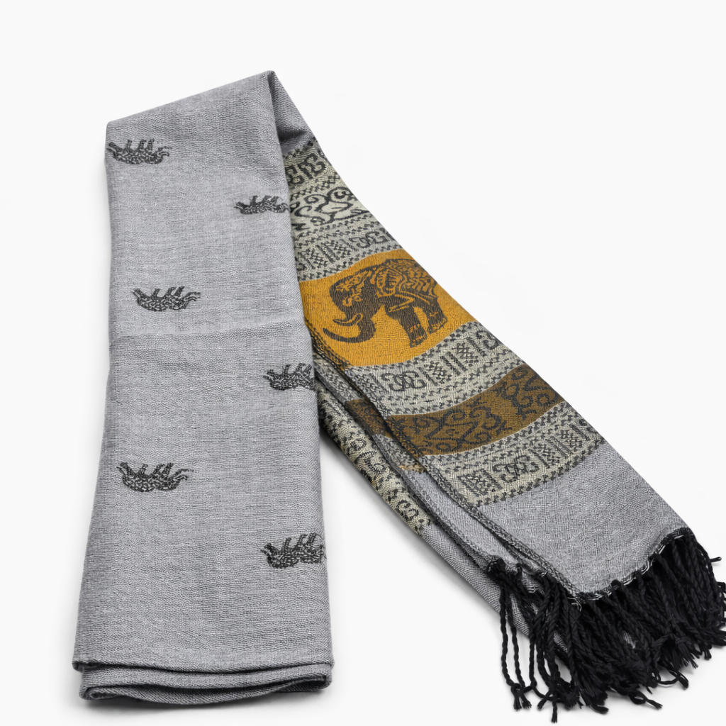 Handwoven Thai Elephant Scarf-Soft Gray with Gold Accents
