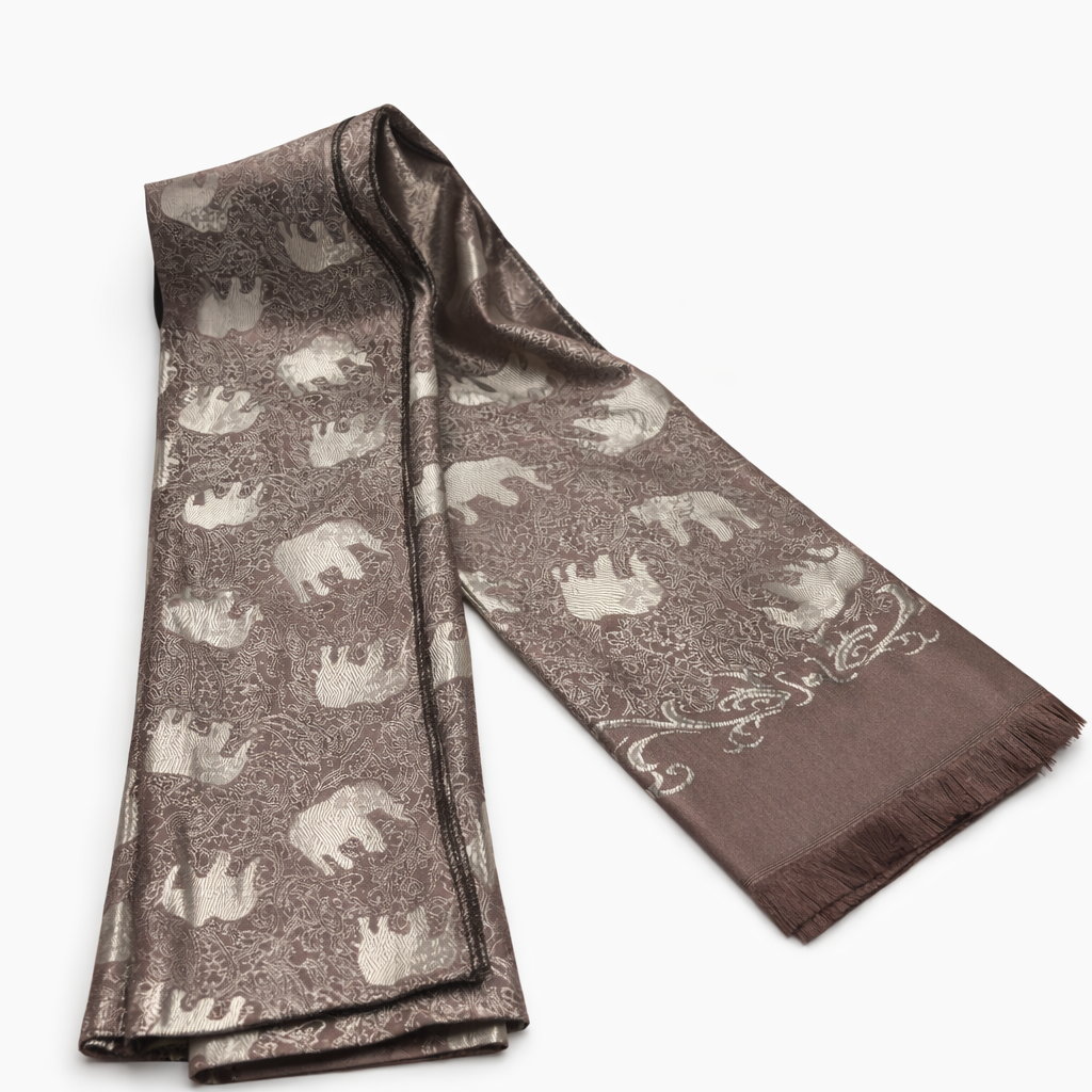 Handwoven Thai Elephant Scarf-Metallic Taupe and Ivory Pattern