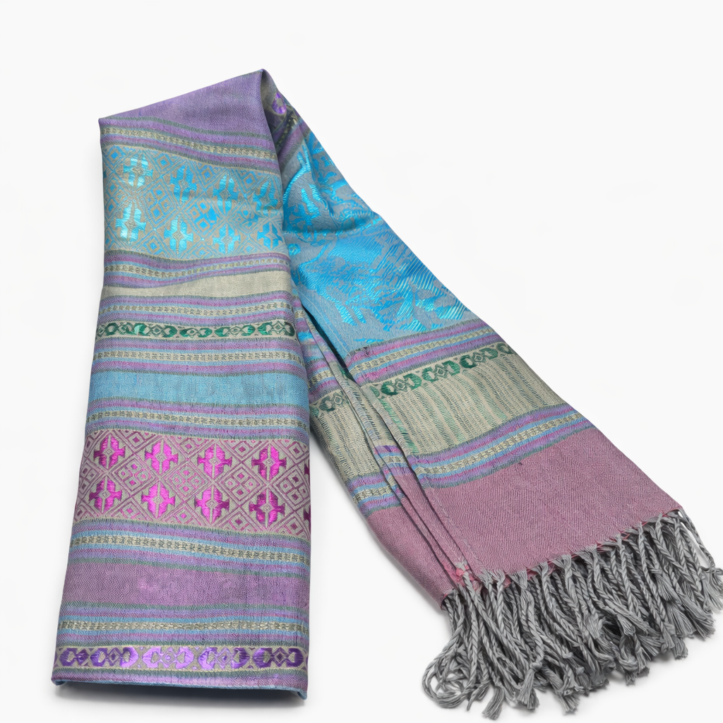 Handwoven Thai Silk Scarf-Pastel Lilac, Aqua and Soft Green