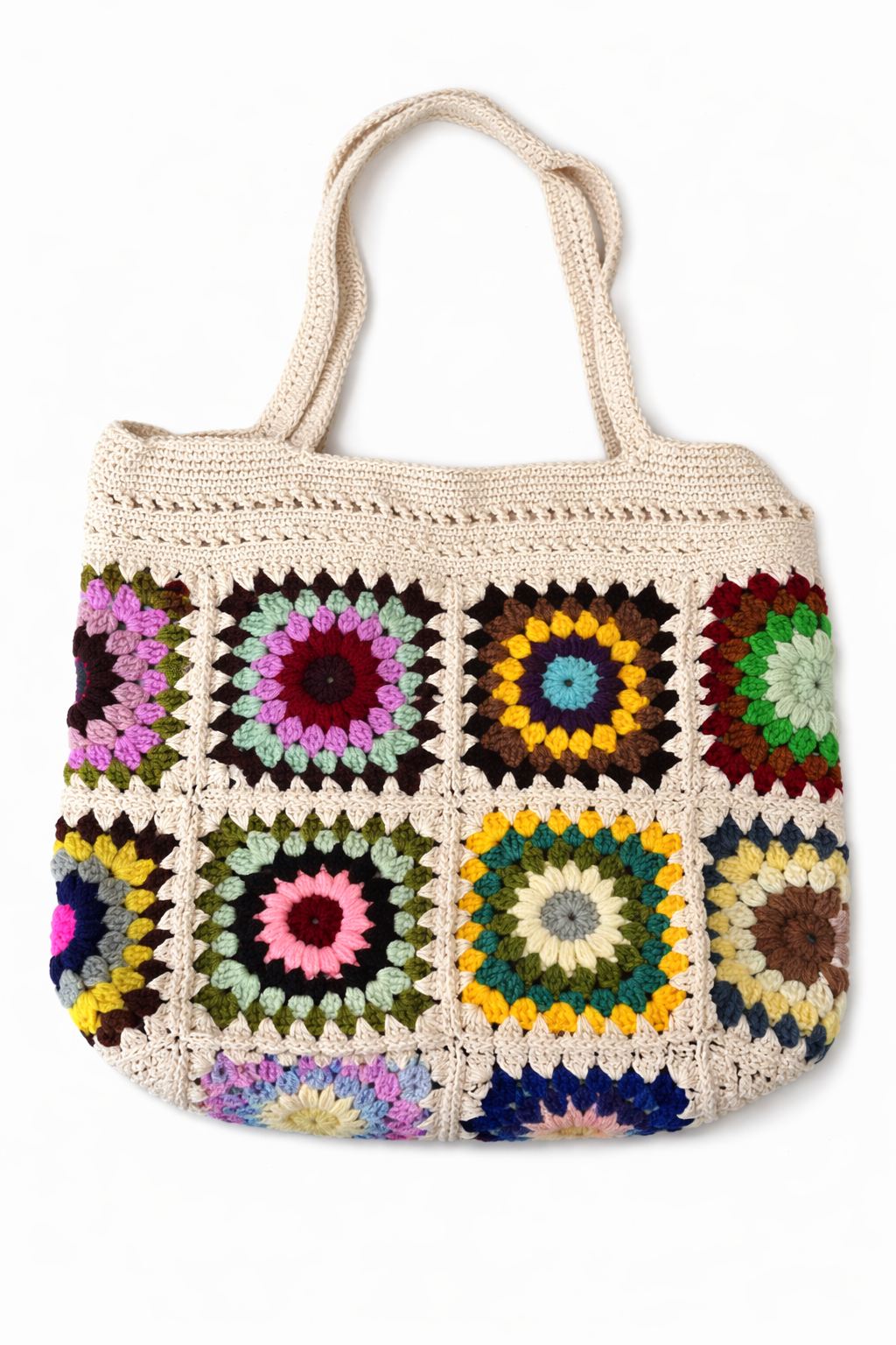 Handmade Multicolor Retro Granny Square Crochet Tote Bag