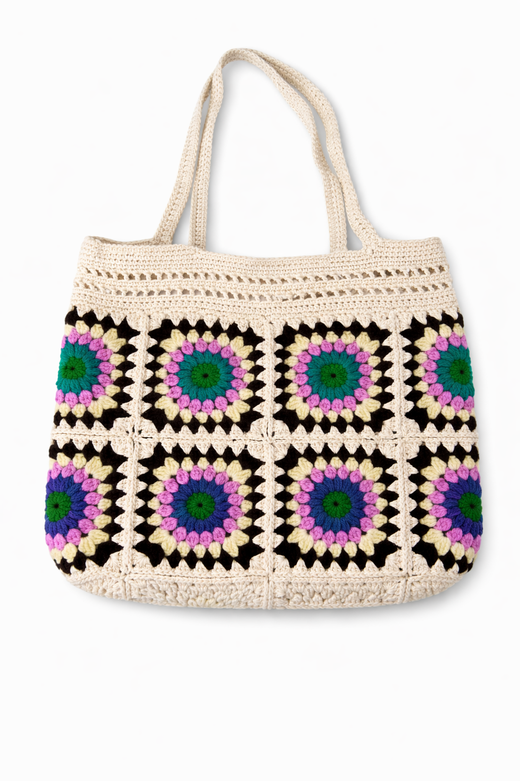 Handmade Green and Purple Crochet Granny Square Tote Bag