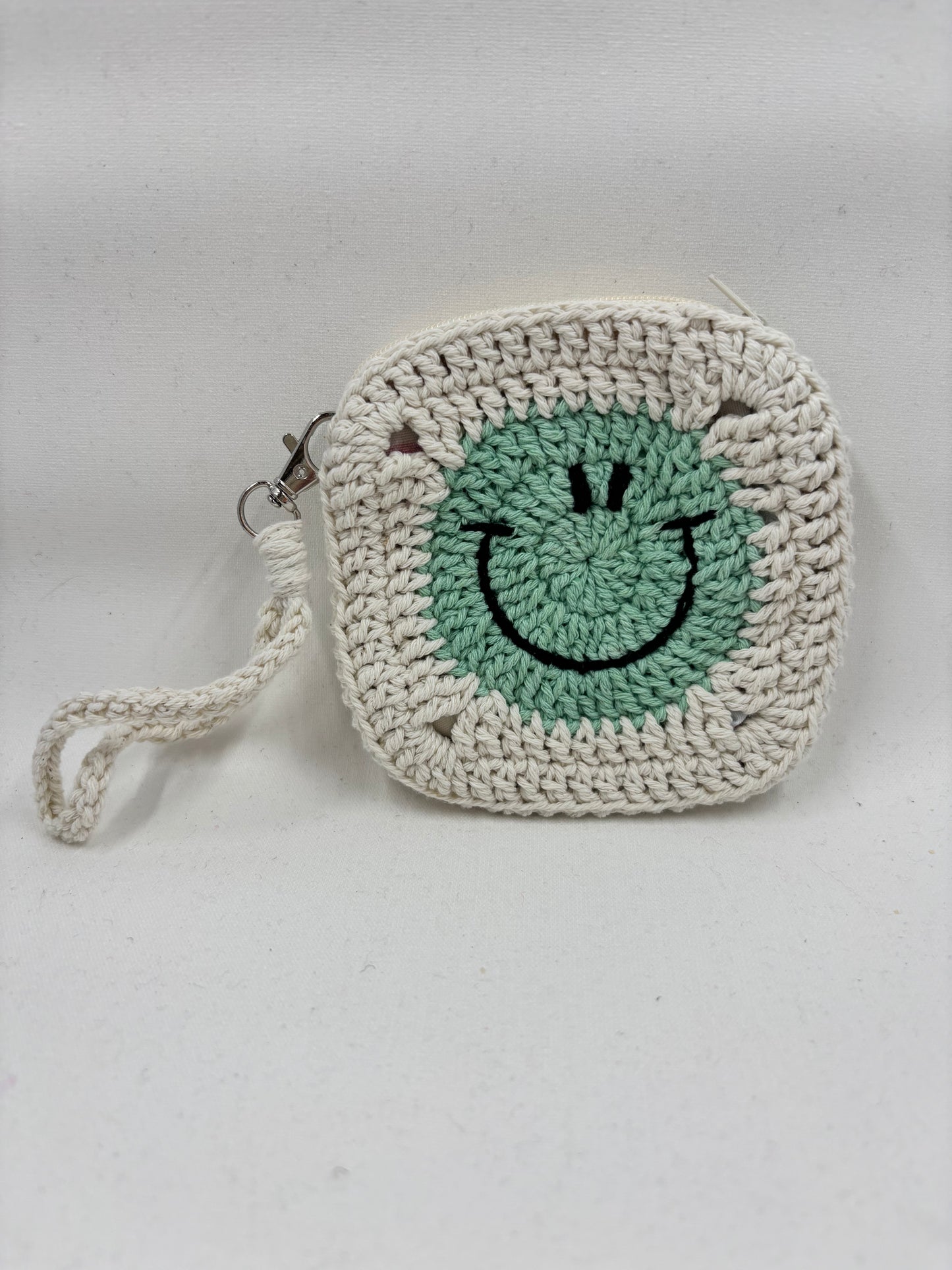 Crochet White and Aqua Smiley Face Coin Purse