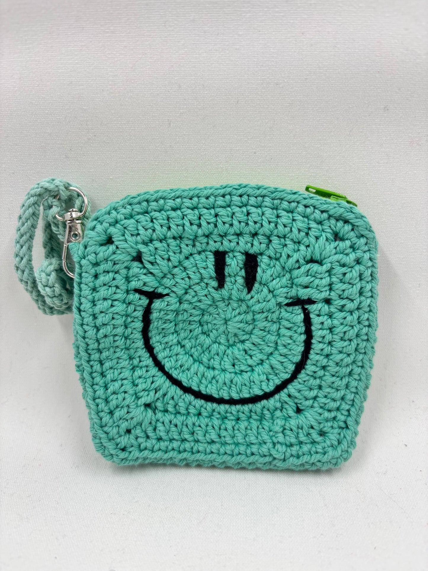 Crochet Teal Smiley Face Coin Purse