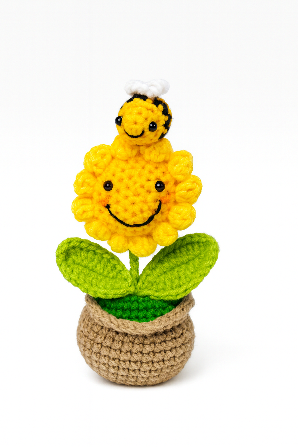 Crochet Smiling Sunflower with Bee in Pot