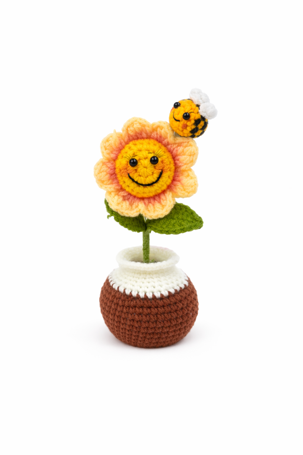 Smiling Crochet Flower Vase with Bee