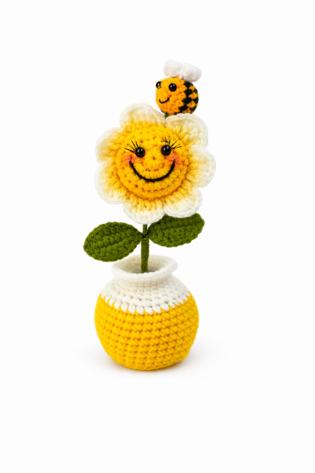 Smiling Crochet Flower Vase with Bee