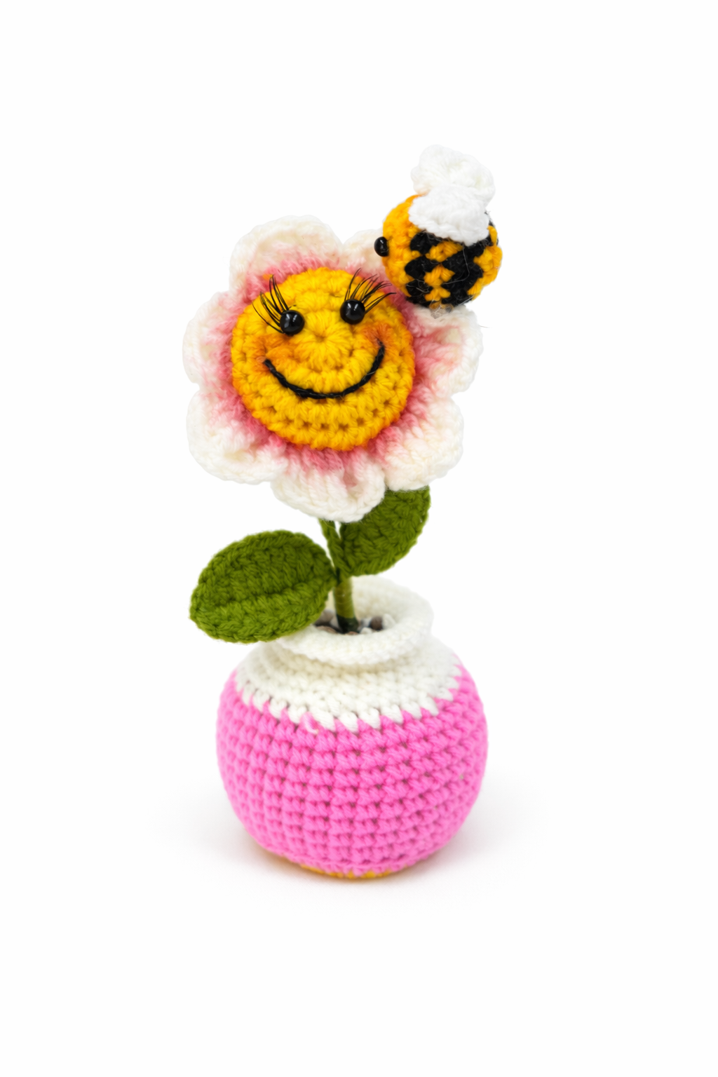Smiling Crochet Flower Vase with Bee