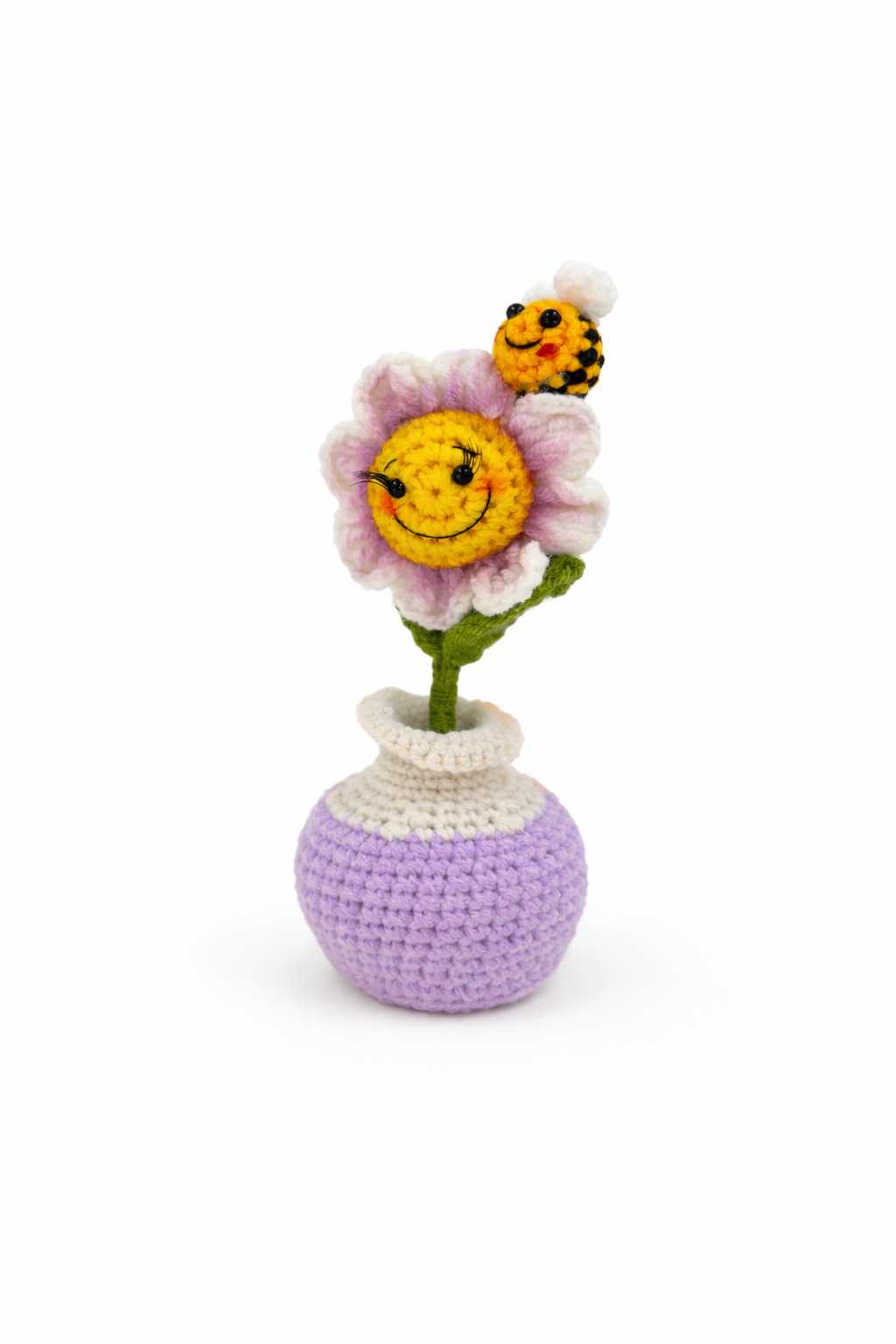 Smiling Crochet Flower Vase with Bee