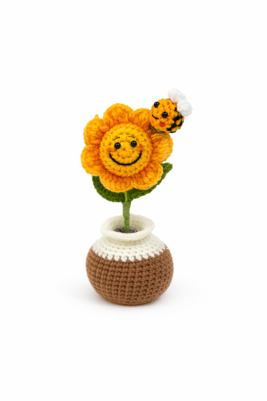 Smiling Crochet Flower Vase with Bee