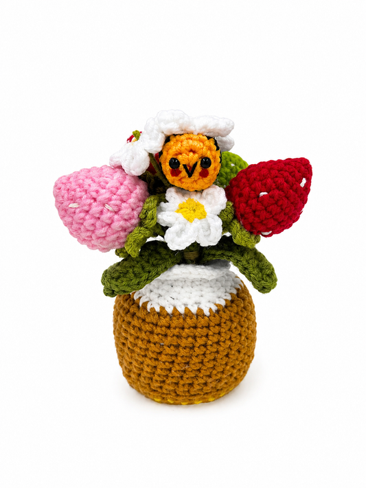 Whimsical Crochet Strawberry Bee Bouquet