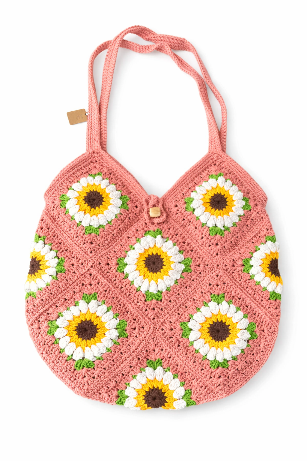 Crochet Coral Sunflower Tote Bag