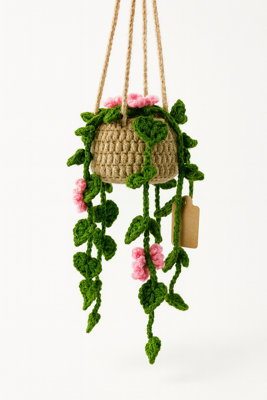 Crochet Hanging Basket-Pink Blossom Vine