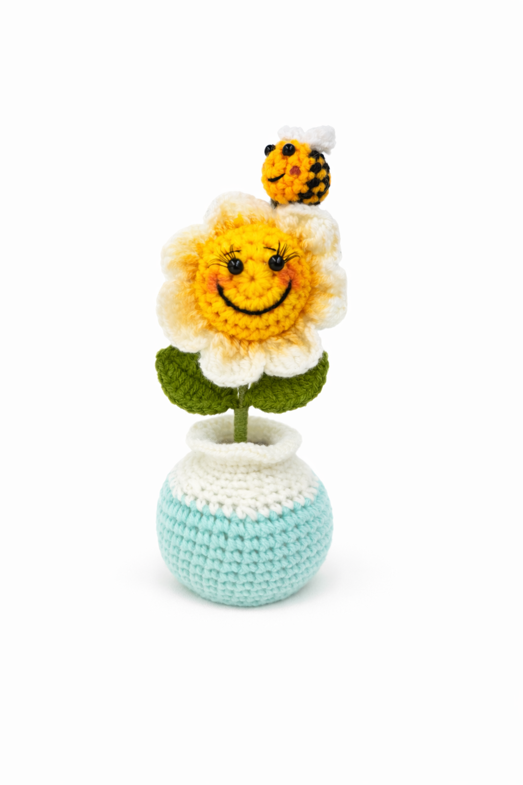 Smiling Crochet Flower Vase with Bee