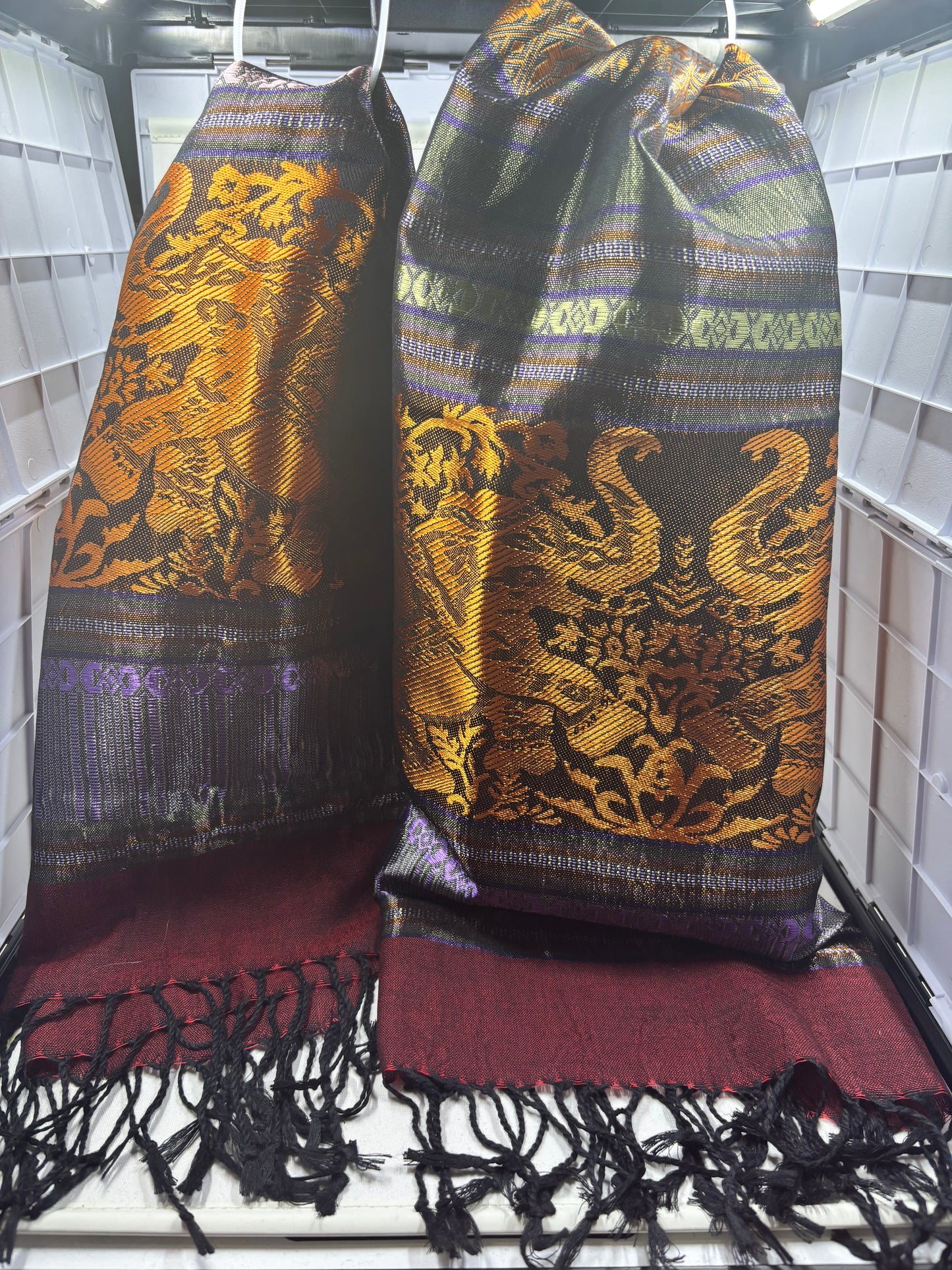 Handwoven Thai Silk Scarf-Black, Burgundy and Metallic Gold Phoenix Motif
