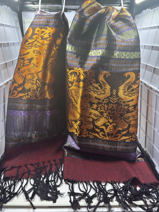Handwoven Thai Silk Scarf-Black, Burgundy and Metallic Gold Phoenix Motif