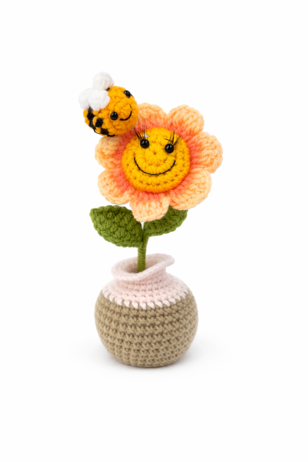 Smiling Crochet Flower Vase with Bee
