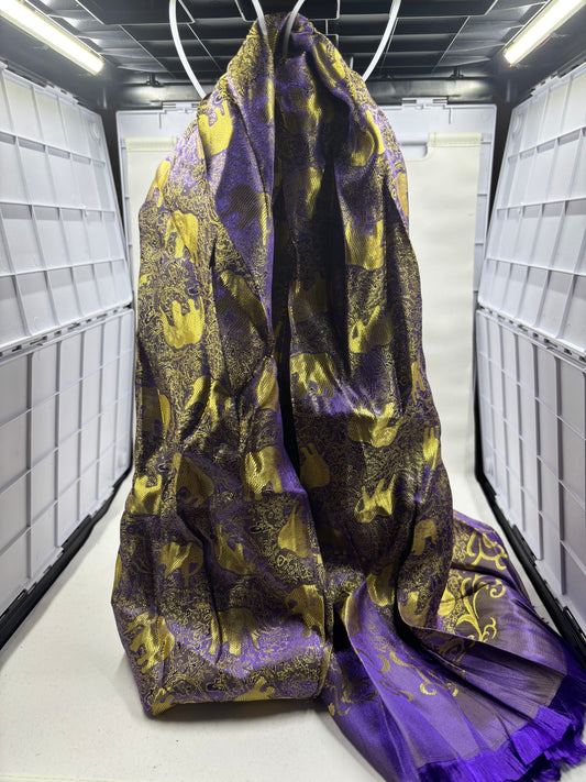 Handwoven Thai Silk Scarf-RoyalPurple and Gold Elephant Motif