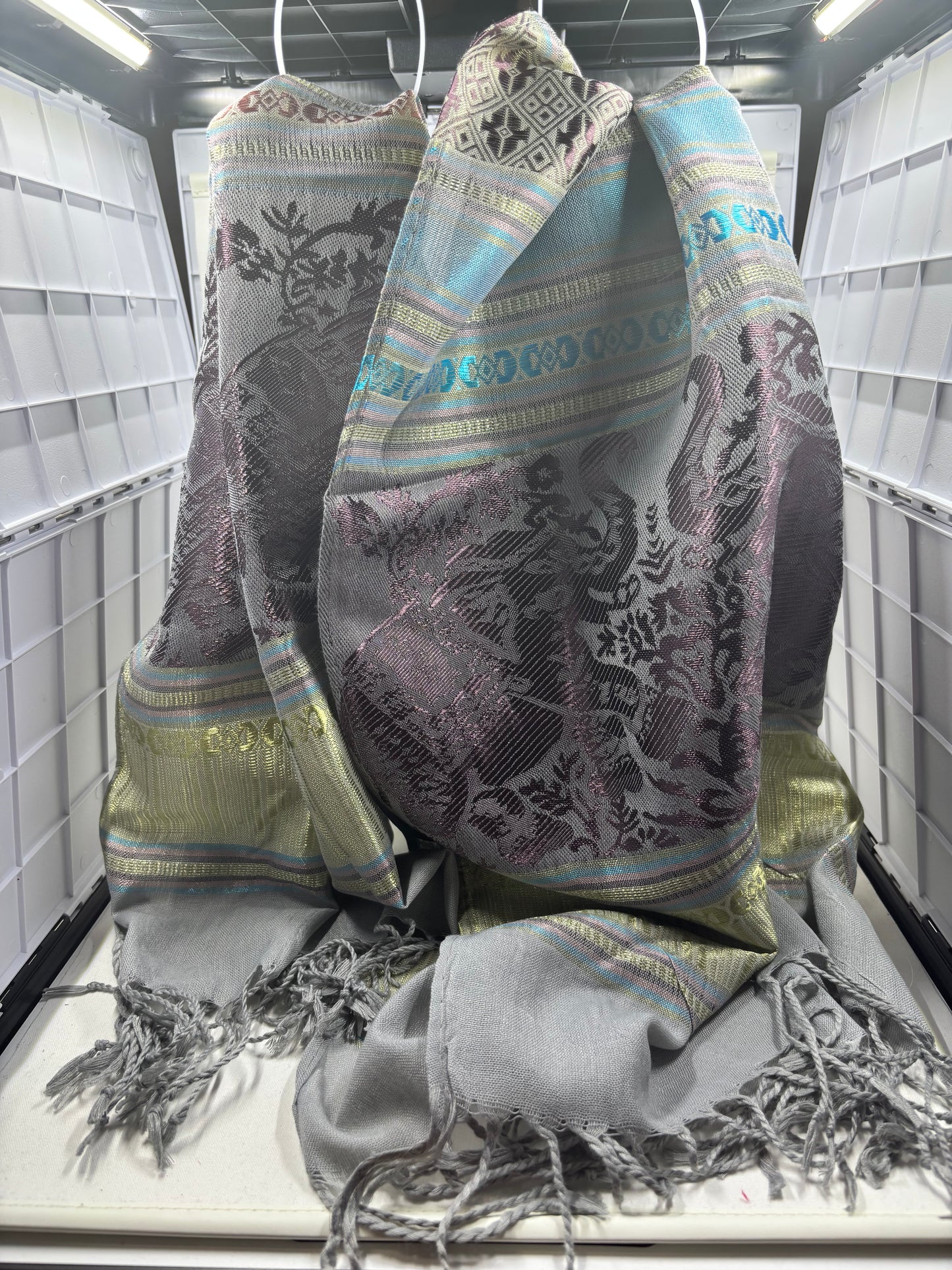 Handwoven Thai Silk Scarf-Soft Gray, Plum and Iridescent Blue Accents