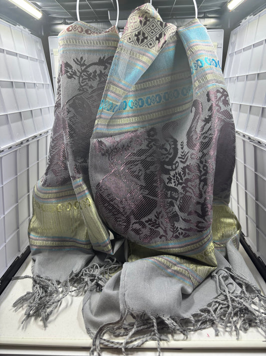 Handwoven Thai Silk Scarf-Soft Gray, Plum and Iridescent Blue Accents