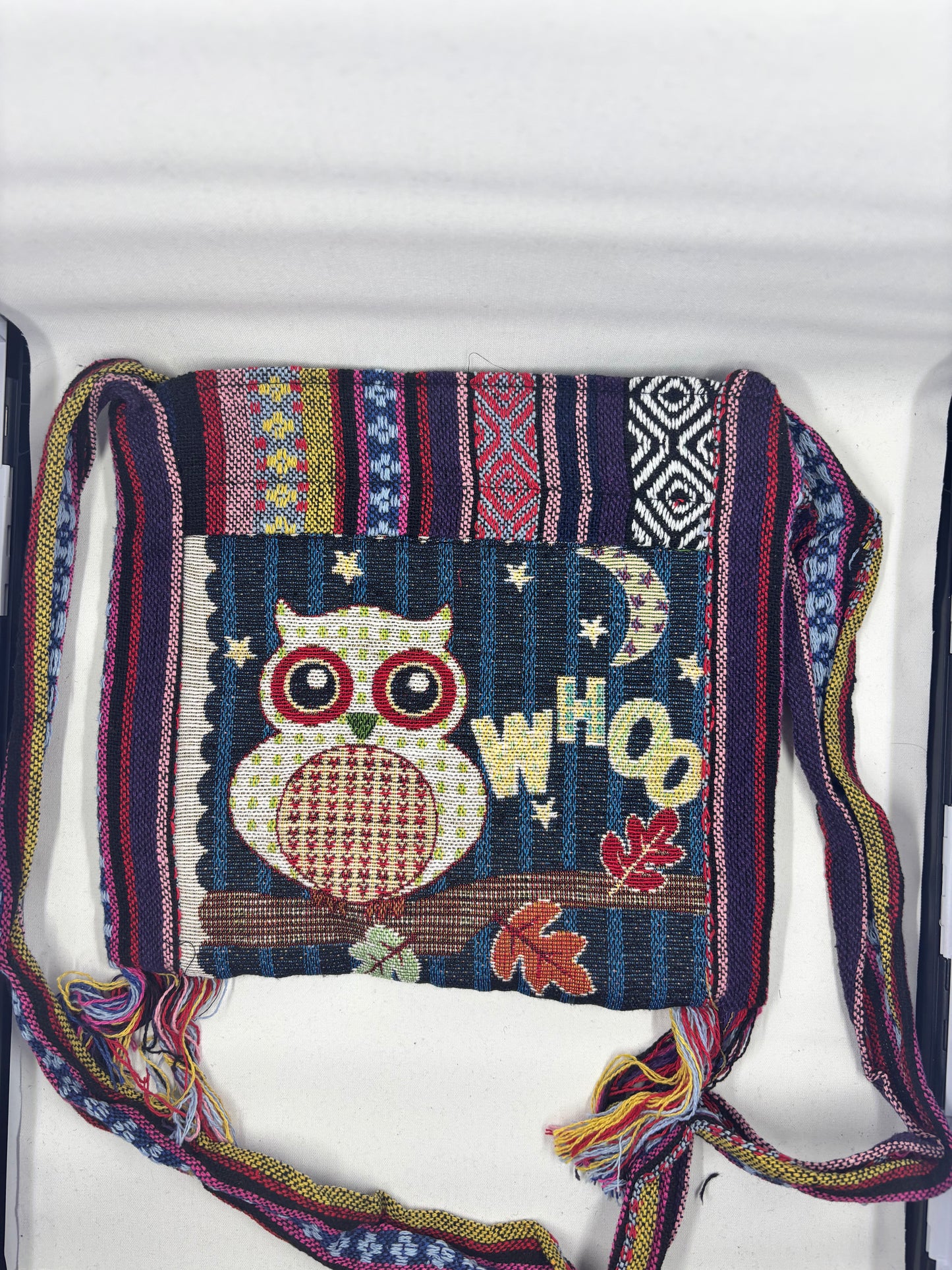 Handwoven Boho Owl Crossbody Bag- “Whooo” Night Forest Design