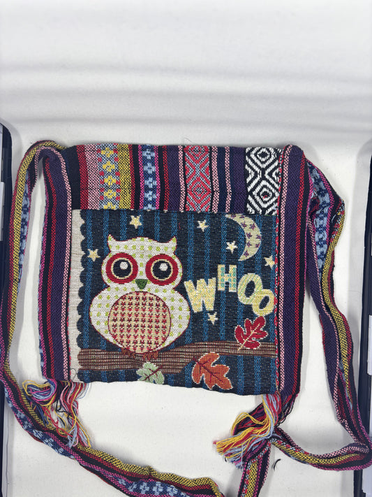 Handwoven Boho Owl Crossbody Bag- “Whooo” Night Forest Design
