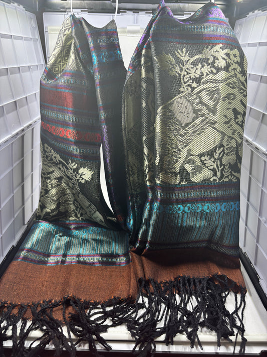 Handwoven Thai Silk Scarf-Black, Teal and Bronze with Golden Floral Motif