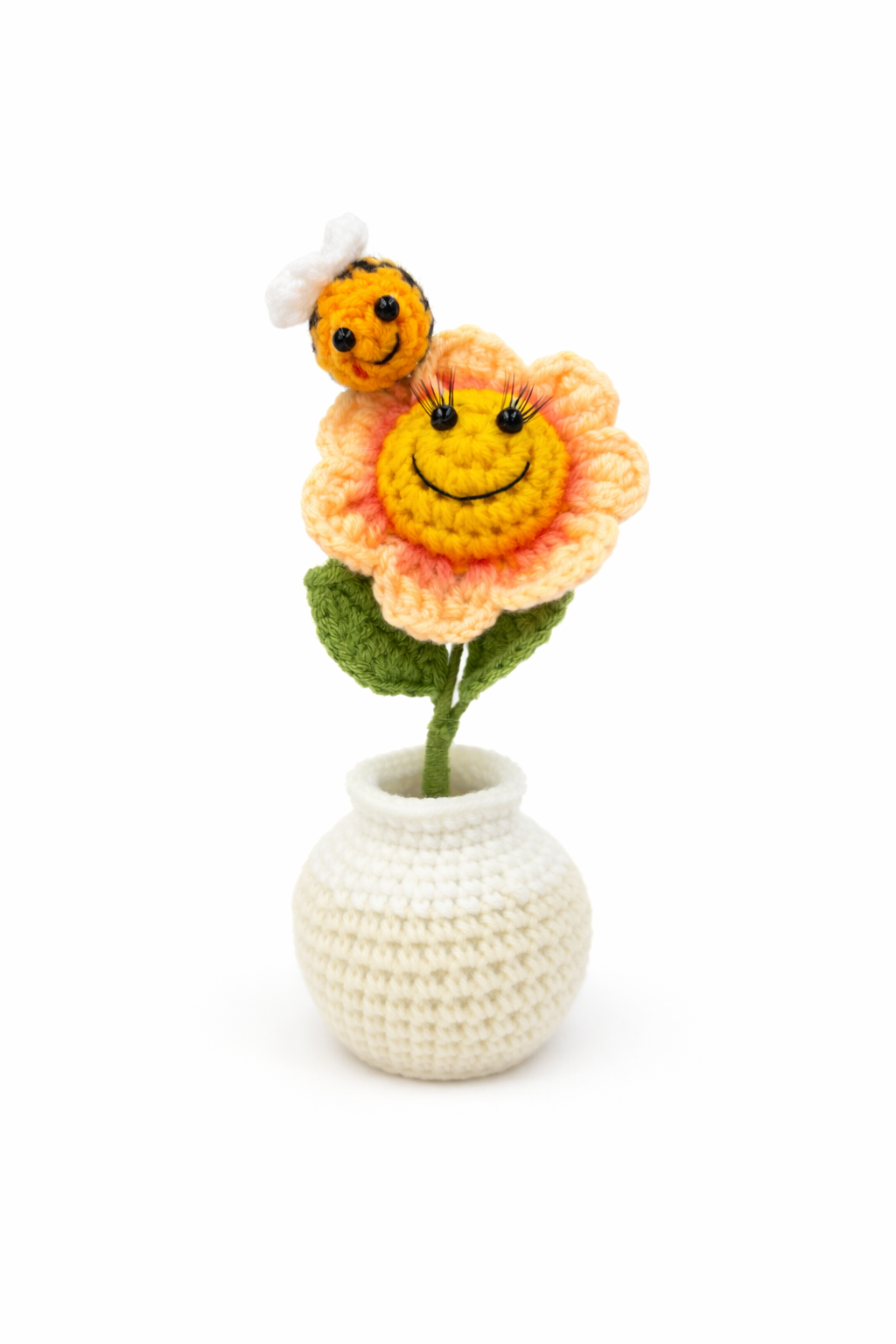 Smiling Crochet Flower Vase with Bee