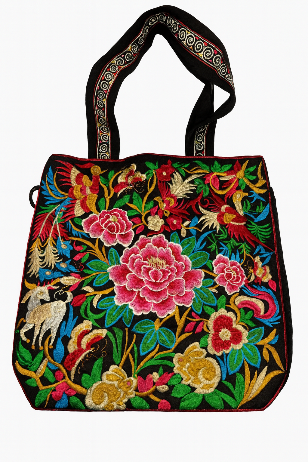 Embroidered Boho Floral Tote Bag-Peony and Garden Design