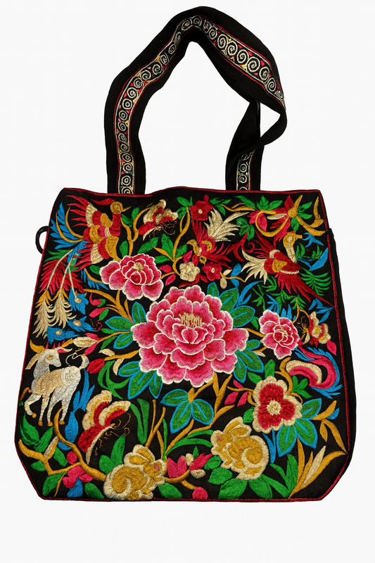 Embroidered Boho Floral Tote Bag-Peony and Garden Design