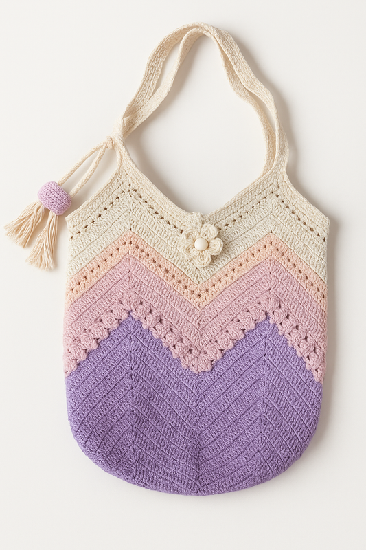 Handmade Crochet Chevron Tote bag-Pastel Pink and Lavender Boho Shoulder Bag