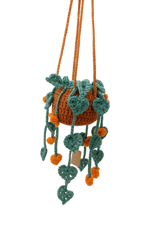 Crochet Hanging Heartleaf Vine-Orange Pot with Teal Leaves