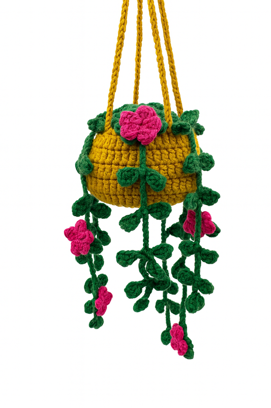 Crochet Hanging Planter-Brown Pot with Pink Blossoms