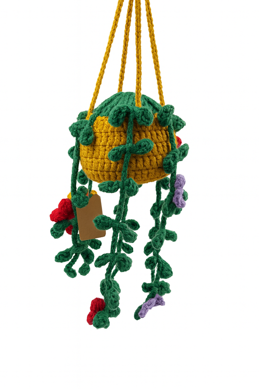 Crochet Hanging Vine Basket-Brown Pot with Mixed Blooms