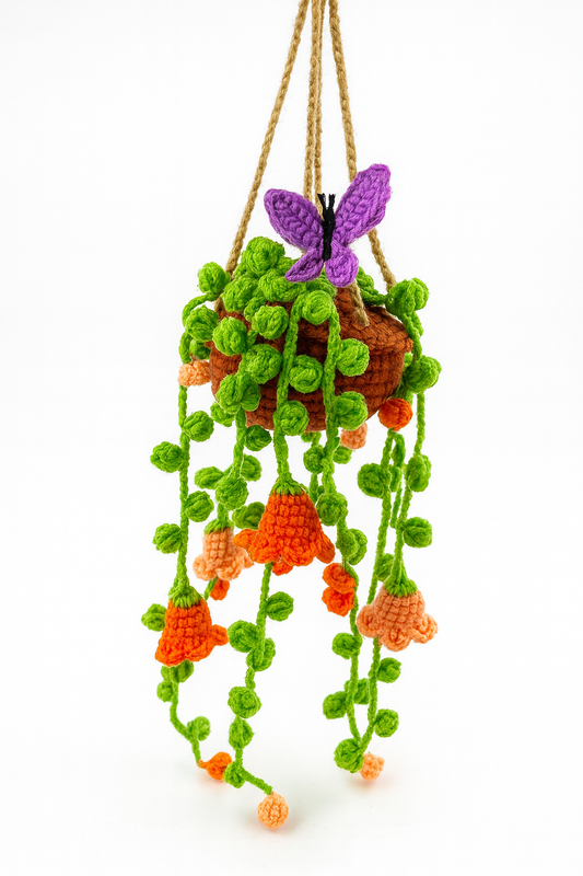 Crochet Hanging Orange Bell-Flower Plant with Purple Butterfly