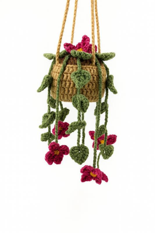 Crochet Hanging Pink Petunia Basket