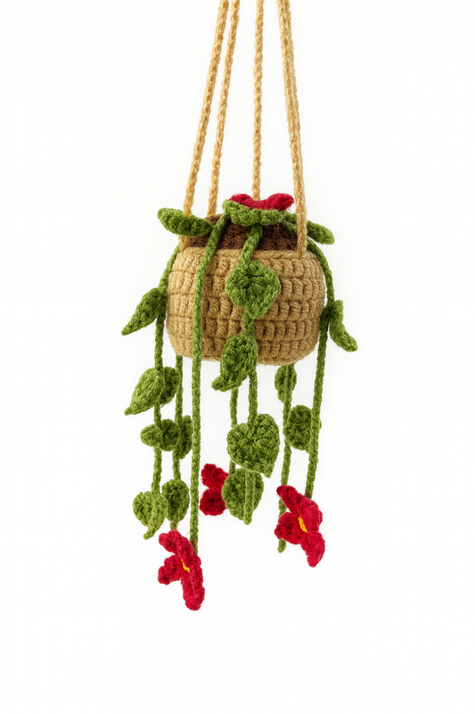 Crochet Hanging Red Blooms Plant