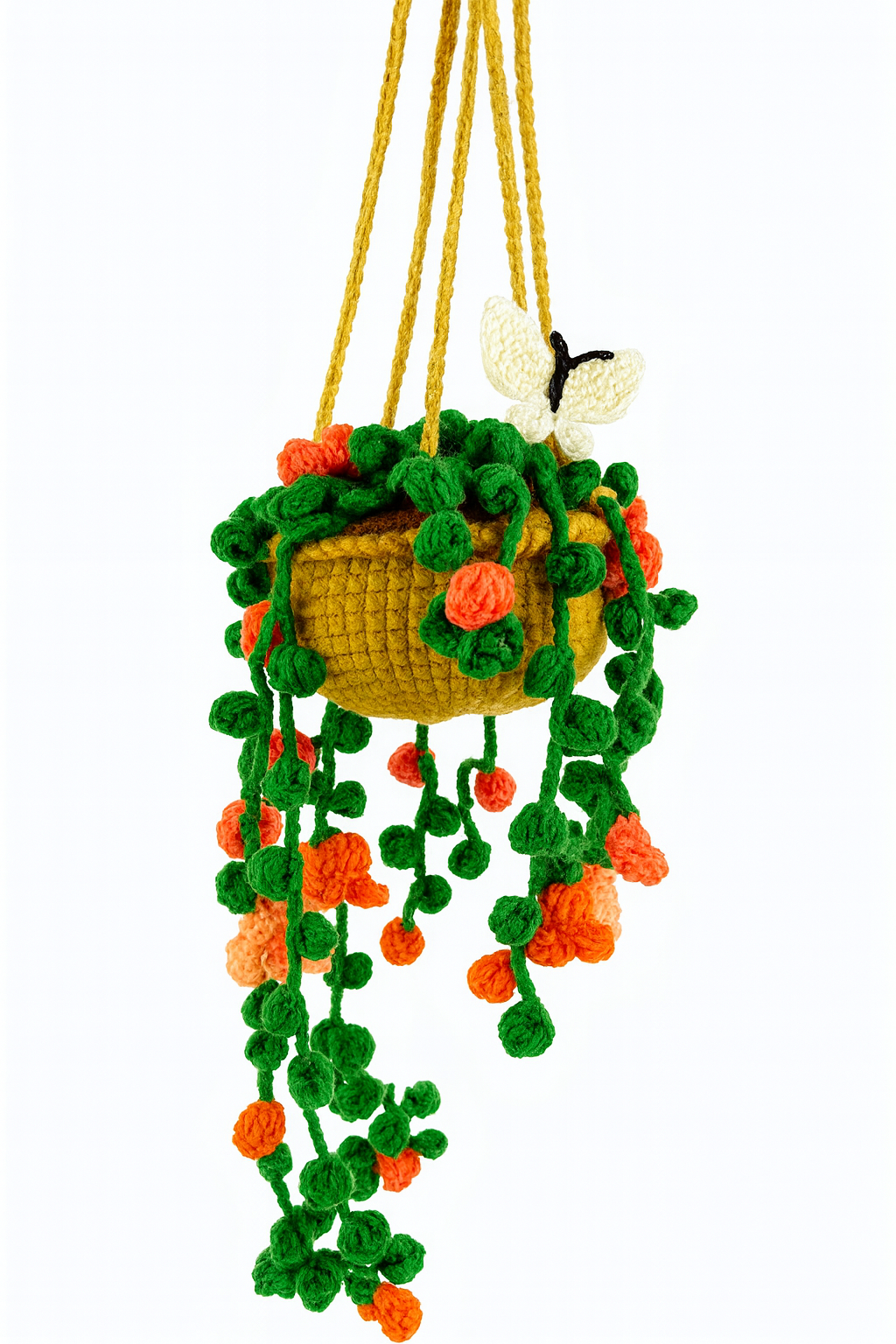 Crochet Hanging Planter-Orange Bloom Cascade with White Butterfly