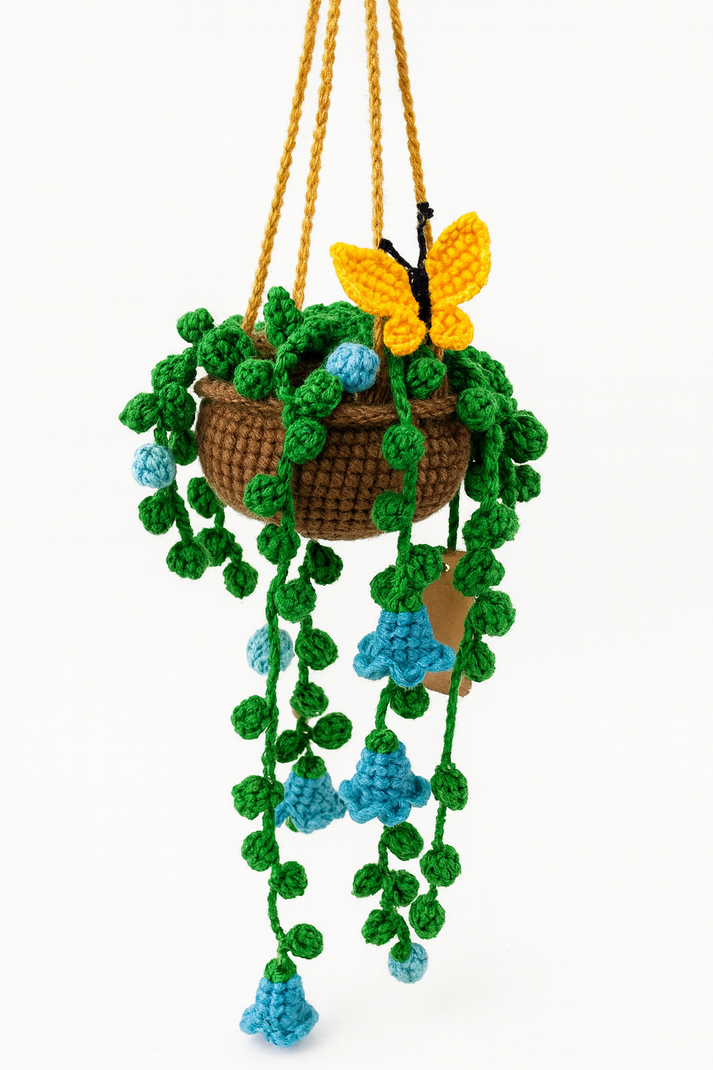Crochet Hanging Bluebell Planter with Yellow Butterfly