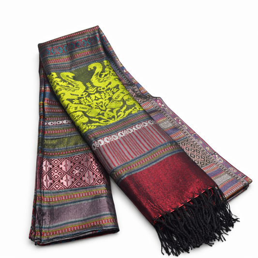 Handwoven Thai Silk Scarf-Burgundy, Gold and Rose Metallic Pattern
