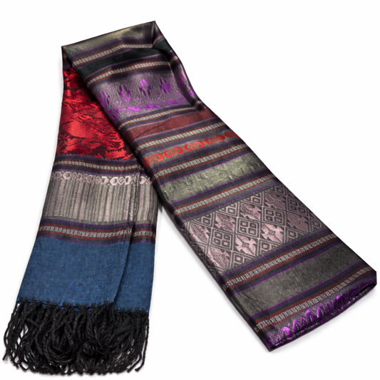 Handwoven Thai Silk Scarf-Deep Red, Midnight Blue and Metallic Jewel Tones