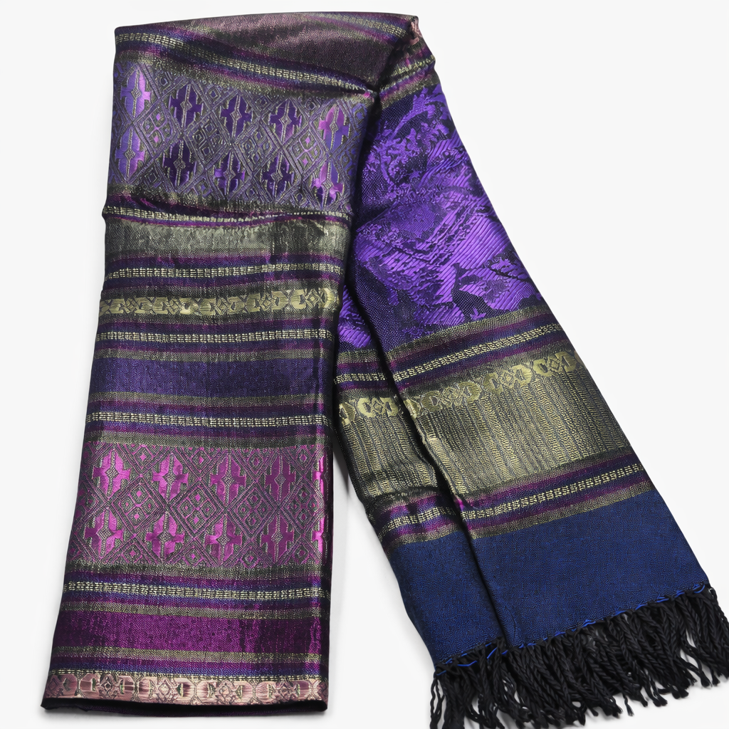 Handwoven Thai Silk Scarf-Royal Purple, Gold and Midnight Blue