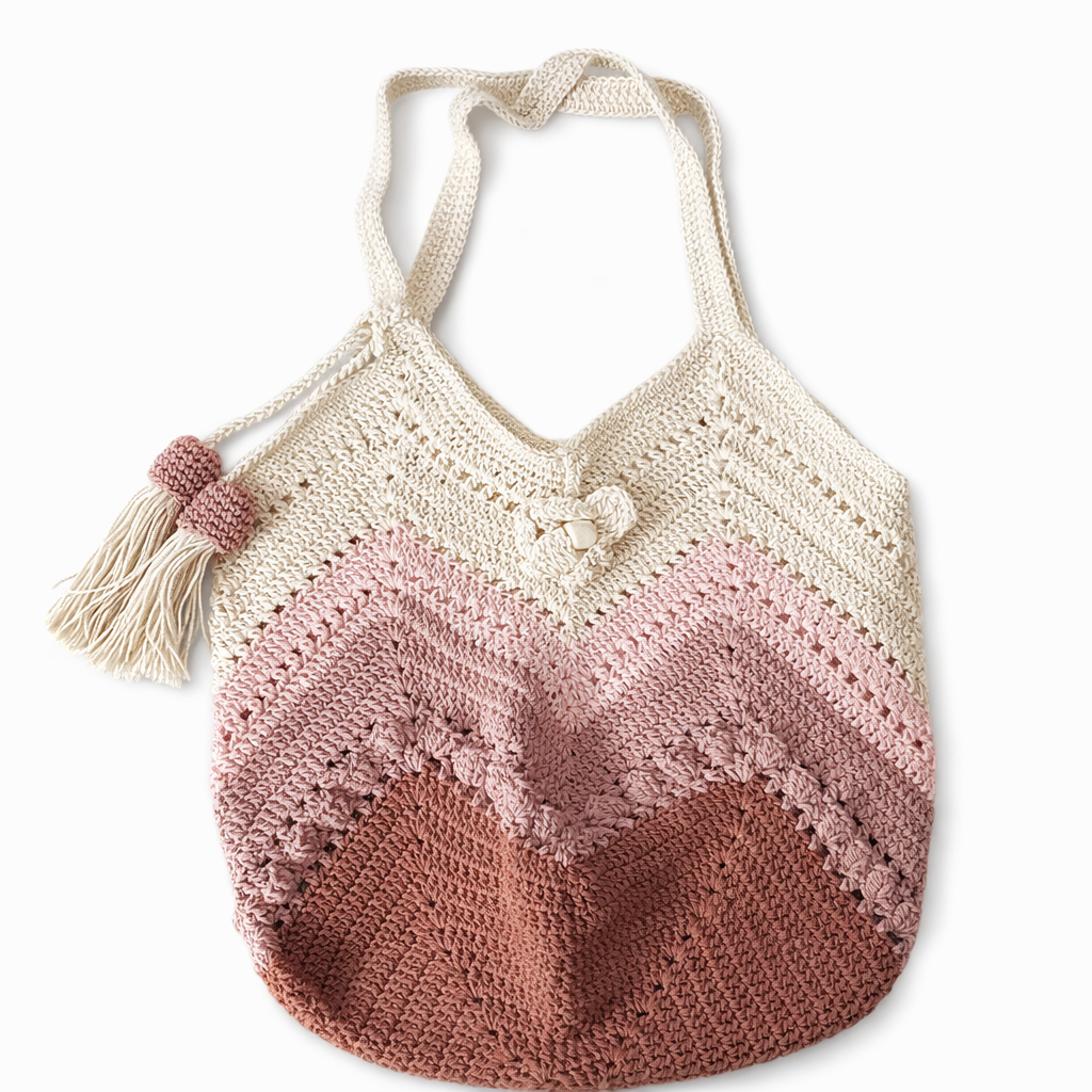 Handmade Crochet Chevron Tote Bag-Blush and Sand Boho Shoulder Bag