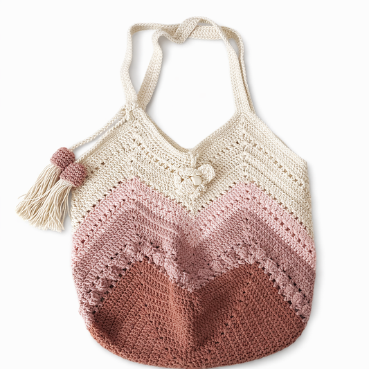 Handmade Crochet Chevron Tote Bag-Blush and Sand Boho Shoulder Bag