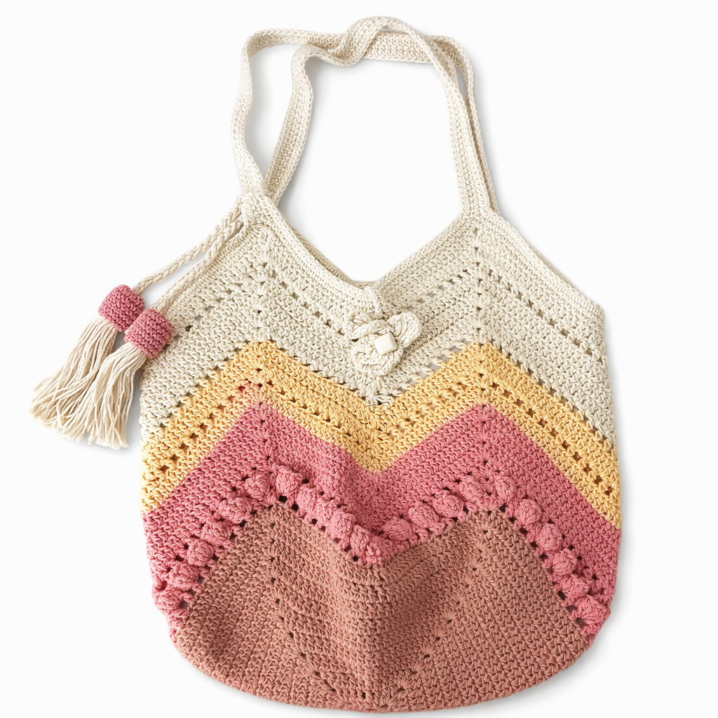 Handmade Crochet Chevron Tote Bag-Peach and Rose Boho Shoulder Bag