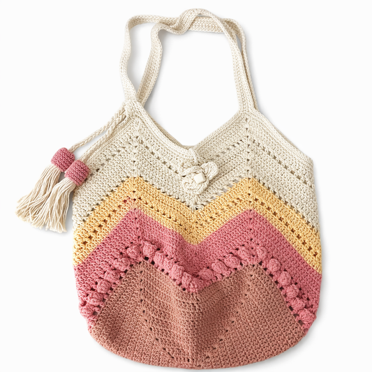 Handmade Crochet Chevron Tote Bag-Peach and Rose Boho Shoulder Bag